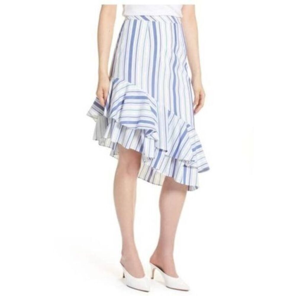 HALOGEN NWT White Blue Sage Stripe Ruffle Hem Skirt 14 PETITE